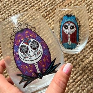 Jack & Sally Nightmare Before Christmas Sugar Skull Stemless Wine Glasses